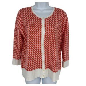 Ann Taylor Womens Coral & White Patterned Button-Up Cardigan Sweater L
